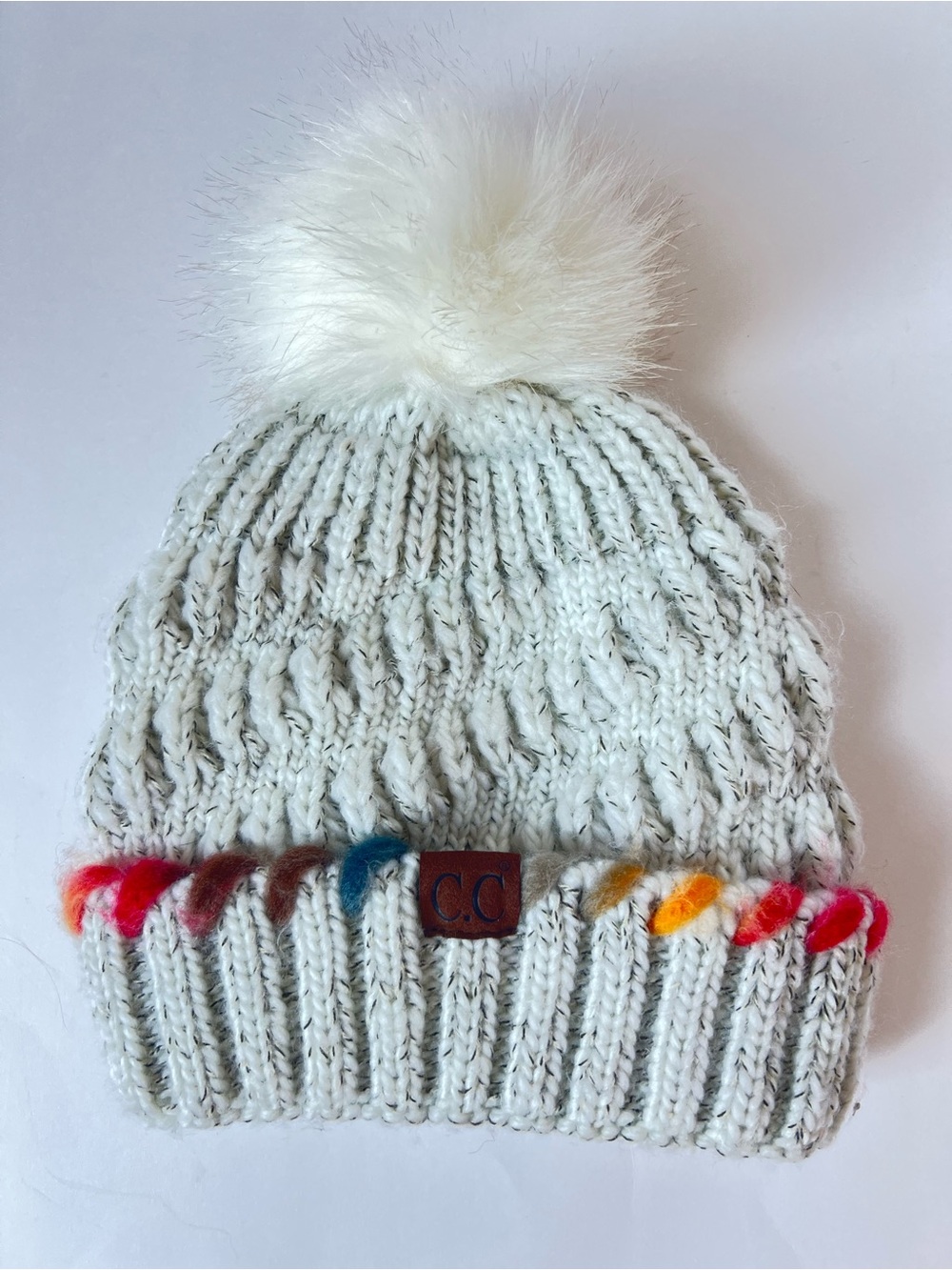 CC Women’s Ombre Pom-Pom Beanie Hat - Cream with Multicolor Trim